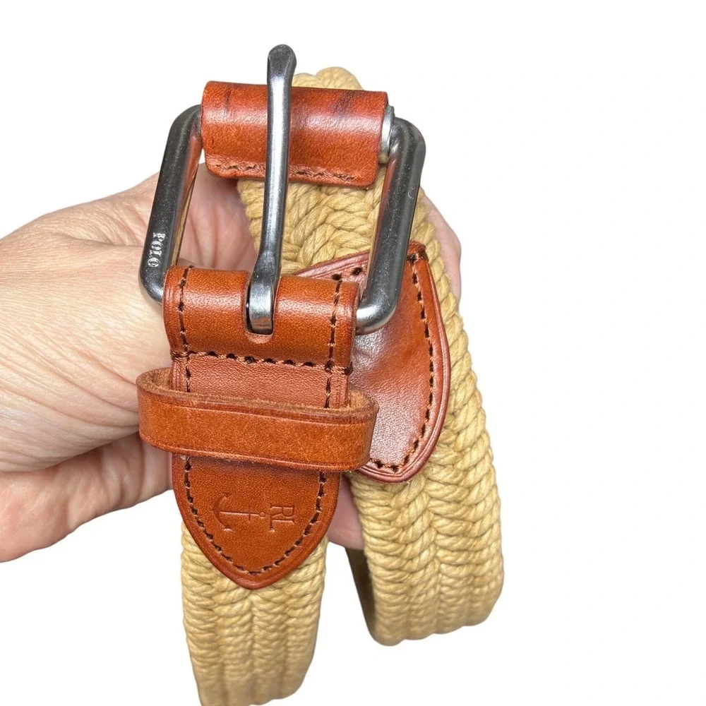 Polo Ralph Lauren Braided Rope Leather Trim Belt Tan Brown Size 36